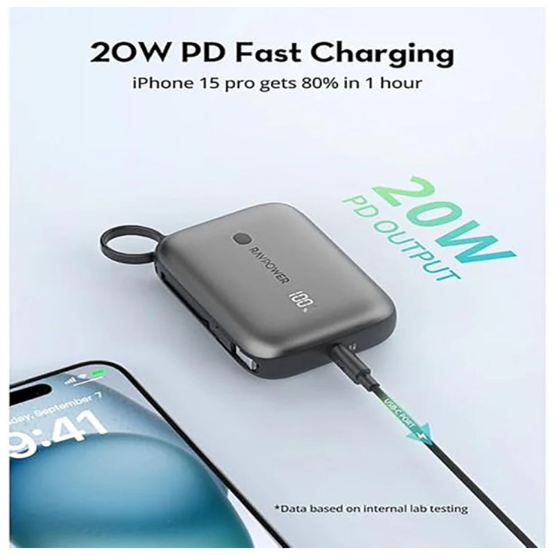 RAVPowerطاقة منفذ - 10000 مللي أمبير / 20 واط / يو اس بي/ يو اس بي/ أسود