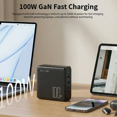 ZLOS 4-Port GaN Charger with Cable - 100W / USB-C / USB-A / Black