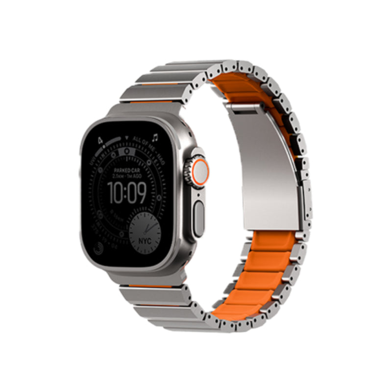 Uniq Strova Flex Self-Adjustable Steel Link Band for Apple Watch 49/46/45/44mm - Titanium Silver / Volt Orange