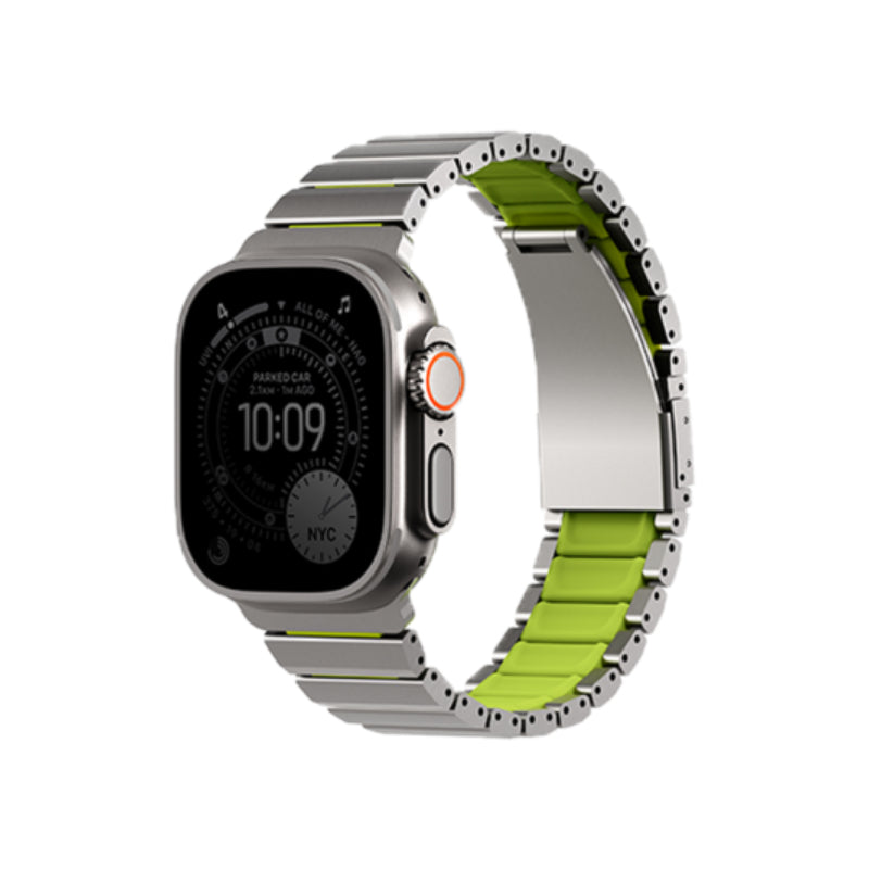 Uniq Strova Flex Self-Adjustable Steel Link Band for Apple Watch 49/46/45/44mm - Titanium Silver / Lime Green