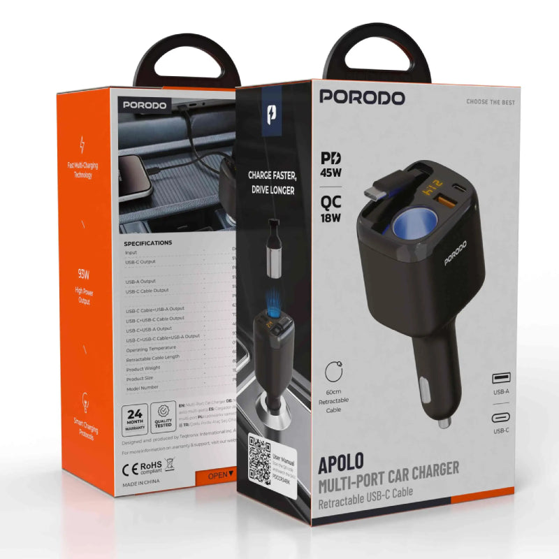 Porodo Apolo Multi-Port Car Charger - USB-C / USB-A / Black