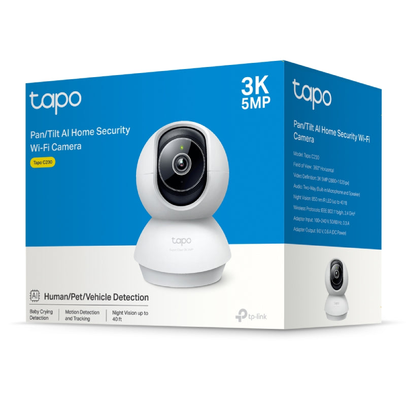 TP-Link Tapo C230 Pan/Tilt AI Home Security Wi-Fi Camera - H.264 / 2880 x 1620 / 2.4 GHz - White