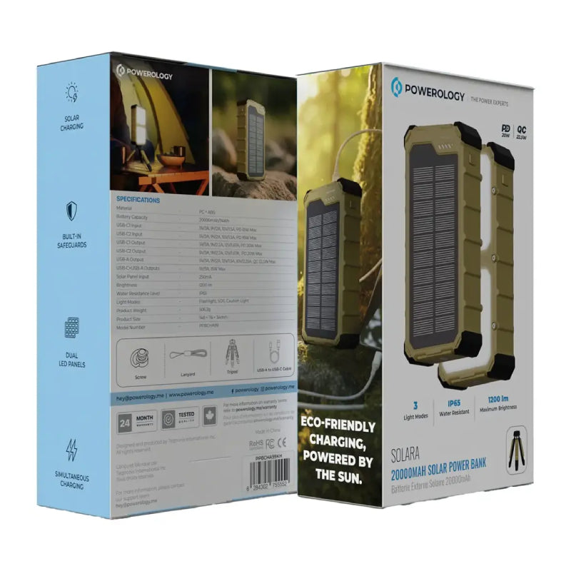 Powerology Solara Solar Power Bank - 20000mAh / 20W / USB-A / USB-C / Khaki