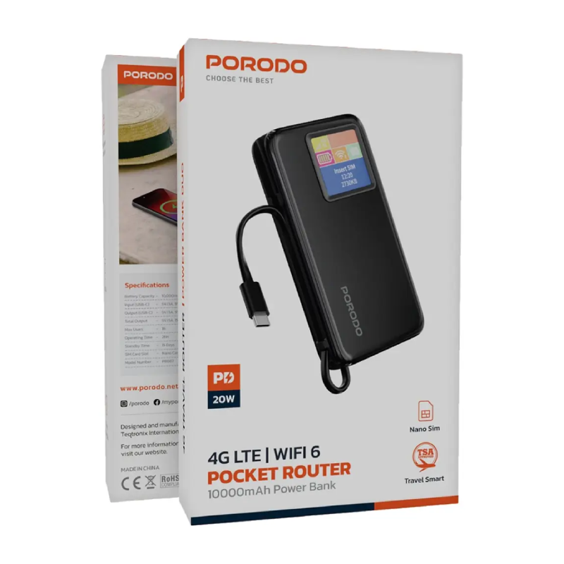 Porodo Pocket Router with Power Bank - 10,000mAh / 4G LTE/WiFi 6 / USB-C / Black