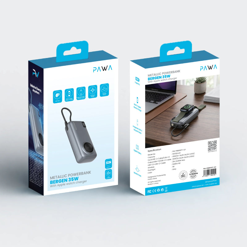 Pawa Bergen Metallic Powerbank With Apple Watch Charger - 35W / 10000mAh / Grey