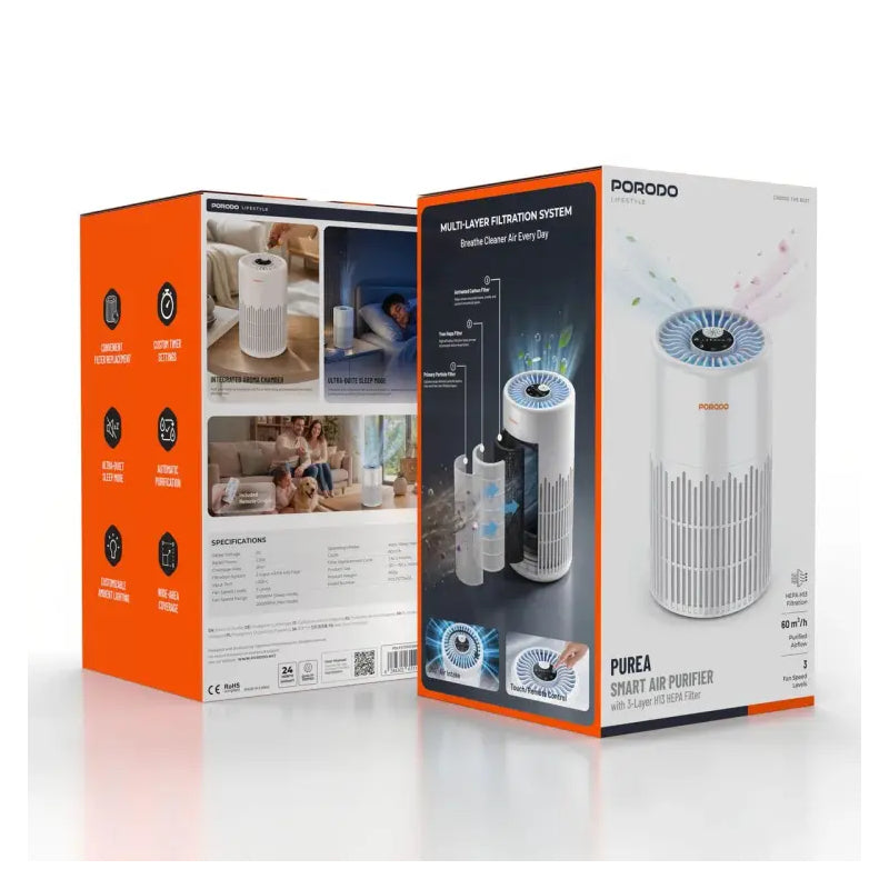 Porodo Lifestyle Purea Smart Air Purifier with 3-Layer H13 HEPA Filter - White