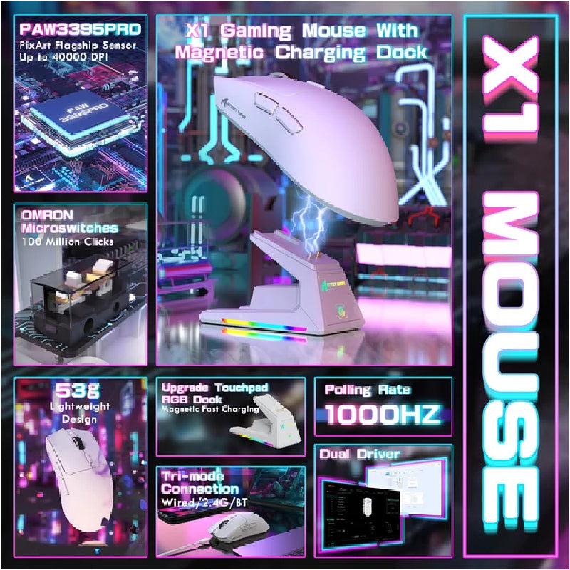 ATTACK SHARK X1 Tri-mode Gaming Mouse With Touchpad RGB Charging Dock PAW3395PRO Sensor - White