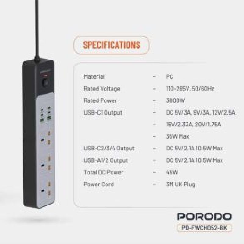 Porodo Power Strip 3AC | 45W | 300W - Black