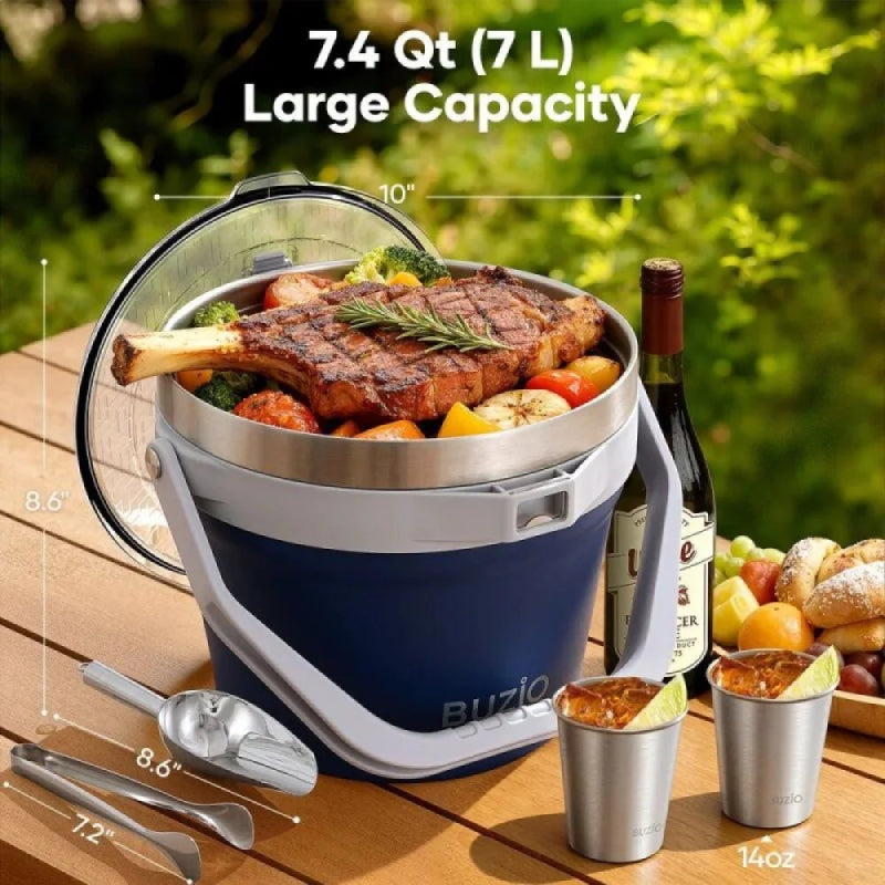 Buzio Insulated Ice Bucket with Lid Scoop Tongs and 2 Cups - 7L / Blue
