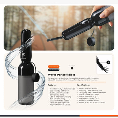 Porodo Waveo Portable Bidet - 350ml / 6600RPM / Black