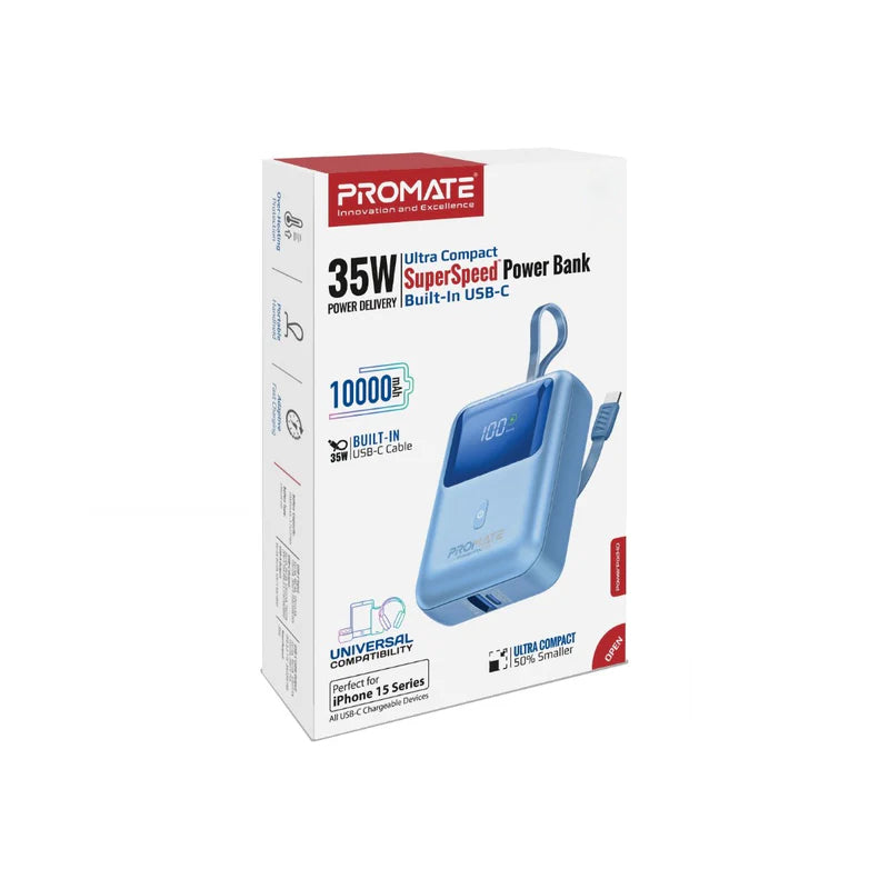 PROMATE PowerPod-10 ألترا مضغوط طاقة مع بلت-ان يو اس بي كابل 35W / يو اس بي/ يو اس بي/ أزرق