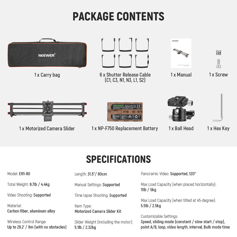 NEEWER ER1 Motorized Carbon Fiber Camera Slider with F750 Battery - Black