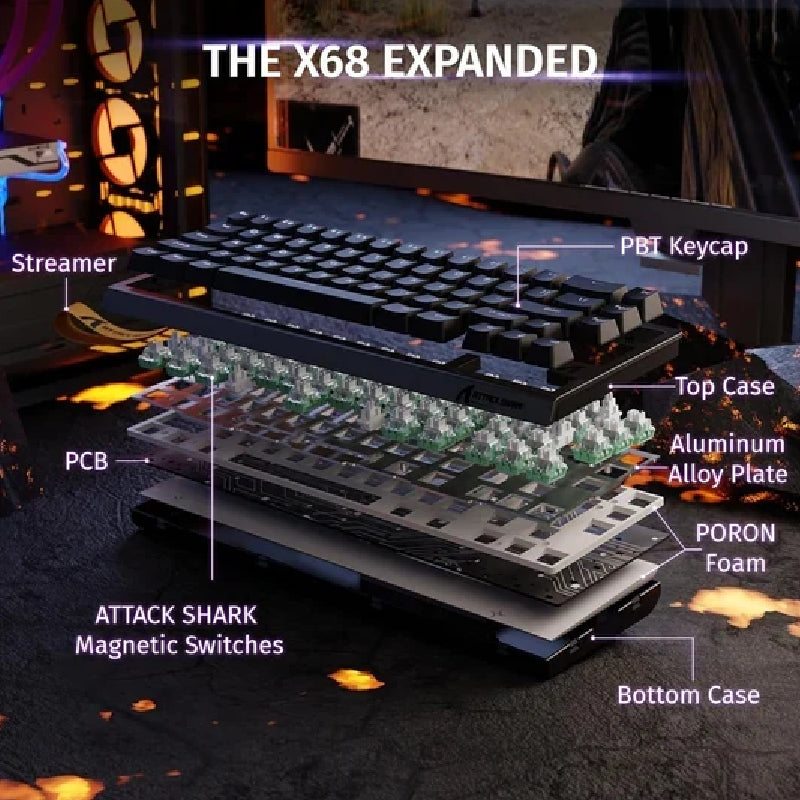ATTACK SHARK X68 HE Wired Mode RGB Gaming Rapid Trigger Keyboard With Magnetic Switch - Black