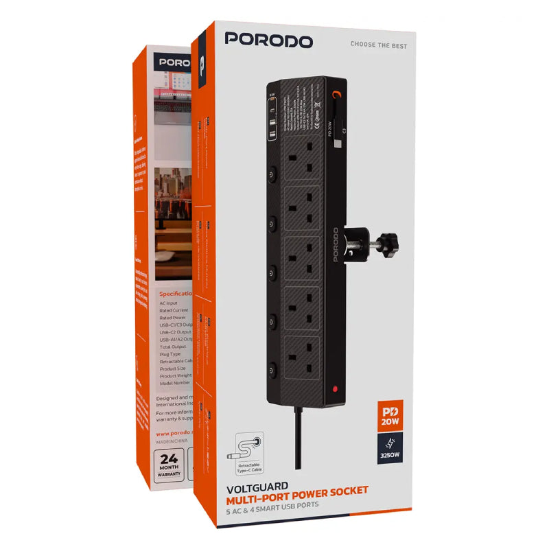 Porodo Voltguard Multi-Port Power Socket - 20W / 0.8 Meter / Black