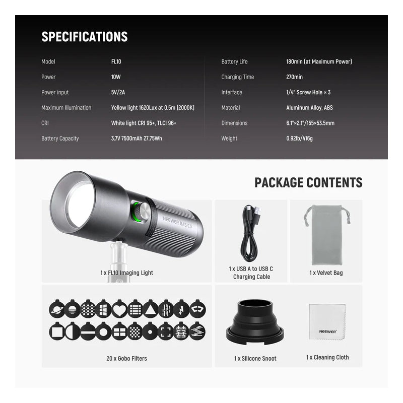 NEEWER BASICS FL10 Portable Photography Flashlight - 10W / 7500mAh