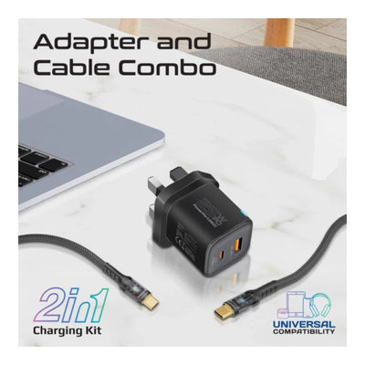 PROMATE Power Delivery Dual Port Adapter Combo with 60W USB-C Cable - USB-C / Black