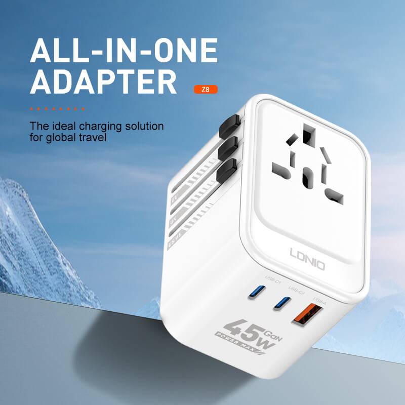 لدنيو Z8 Universal GaN سريع شاحن محول السفر العالمي - 45W / أبيض