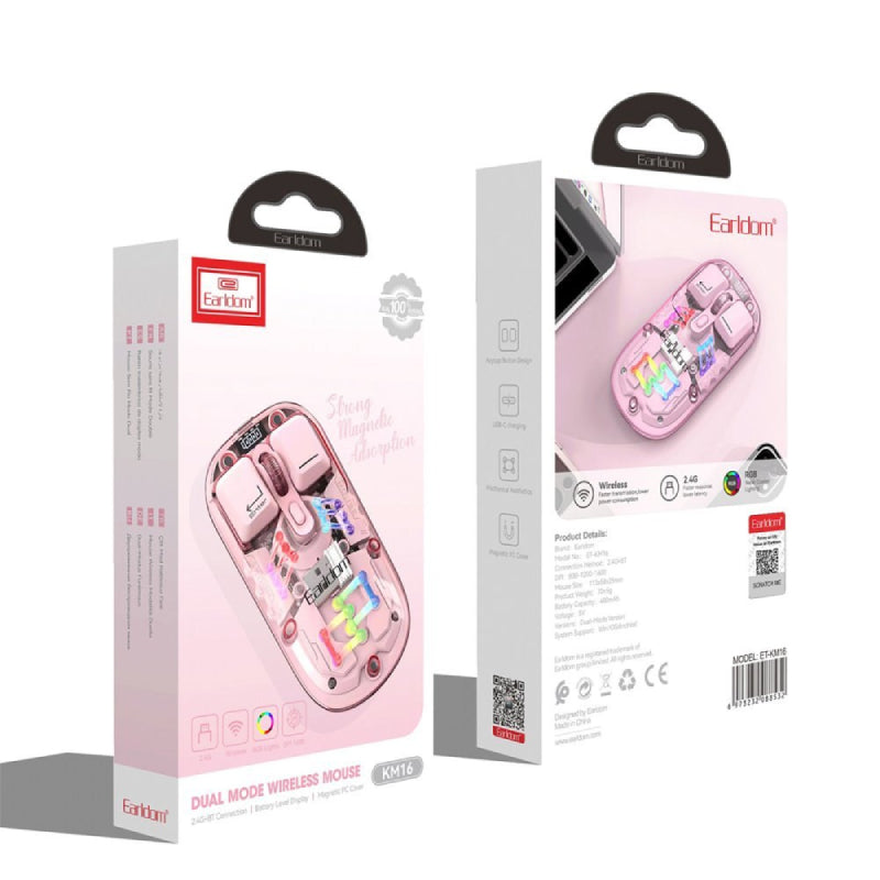 Earldom KM16 Transparent RGB Wireless Office Mouse - 1600dpi / Pink