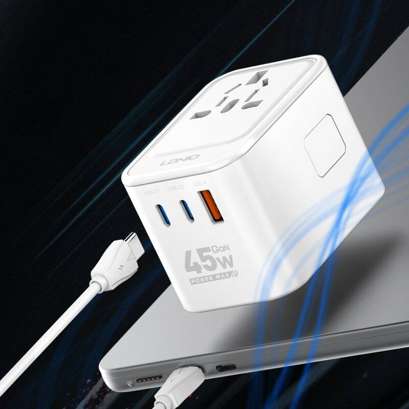 لدنيو Z8 Universal GaN سريع شاحن محول السفر العالمي - 45W / أبيض