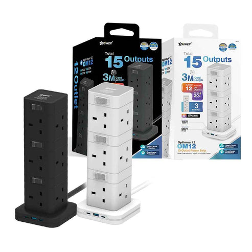 XPower OM12 12 Outout Surge Power Strip - 3 Meter / White