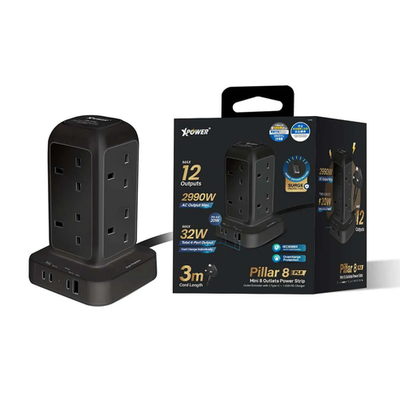 XPower Pillar 8 PL8 Mini 12 Outout Surge Power Strip - 3 Meter / Black
