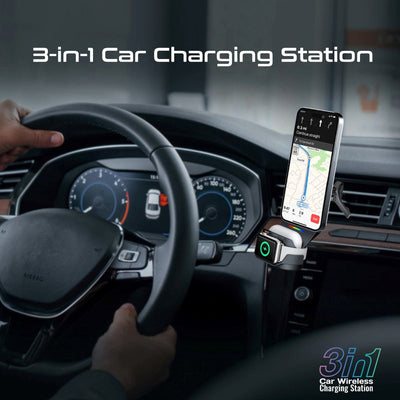 Promate 3-in-1 MagSafe Compatible Car Wireless Charging Station - Black