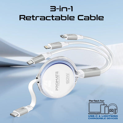Promate TrioCord-R 3-in-1 Ultra-Fast Retractable Multi-Connector Cable - 1.1 Meter / USB-C / Lightning / Micro-USB / White