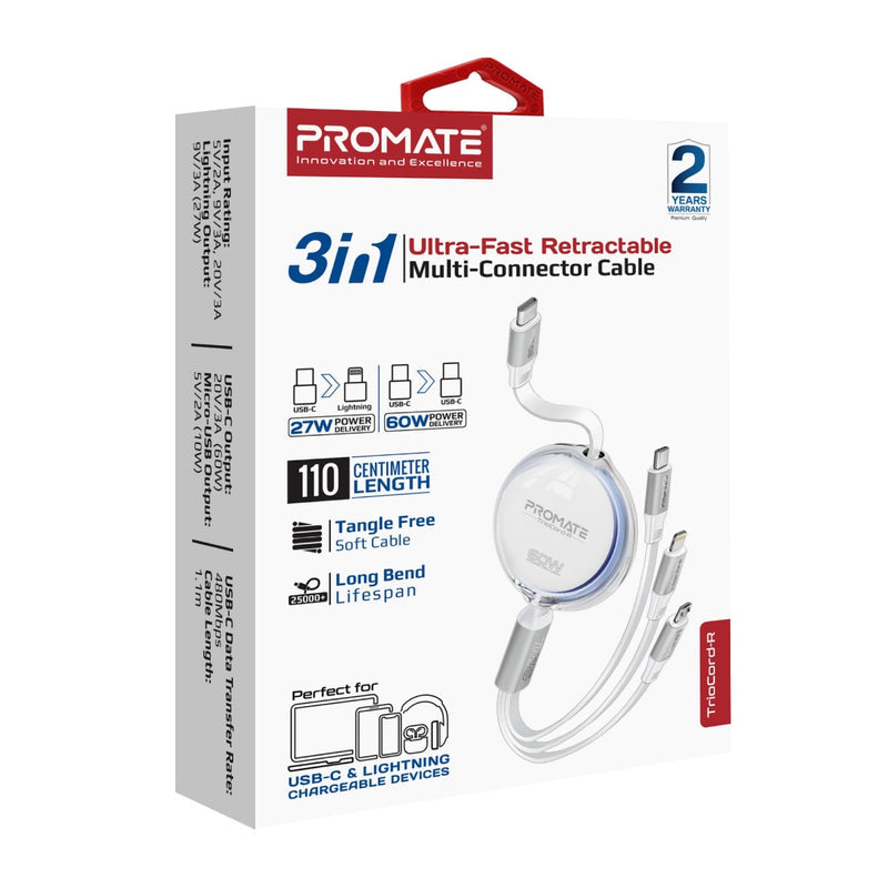 Promate TrioCord-R 3-in-1 Ultra-Fast Retractable Multi-Connector Cable - 1.1 Meter / USB-C / Lightning / Micro-USB / White