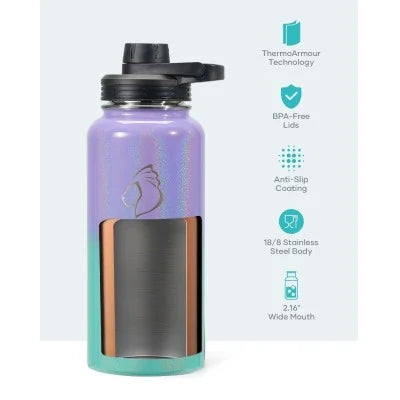 Buzio Trio Series Water Bottle with 3 Lids and Sleeve 1L - Purple Green