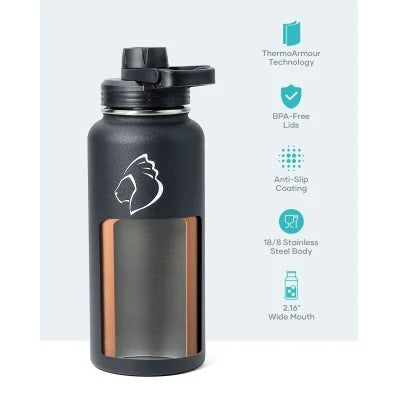 Buzio Trio Series Water Bottle with 3 Lids and Sleeve 1L - Black