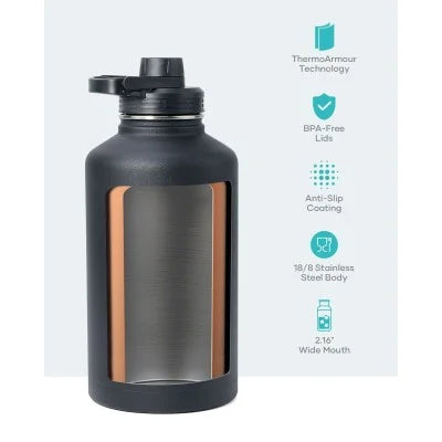 Buzio Trio Series Water Bottle with 3 Lids and Sleev 1.9L - Black