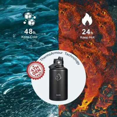 Buzio Duet Series Water Bottle with 2 Lids and Sleeve 1.9L - Black