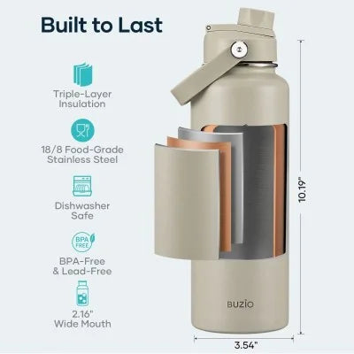 Buzio Duet Series Water Bottle with 2 Lids and Sleeve 1.2L - Beige
