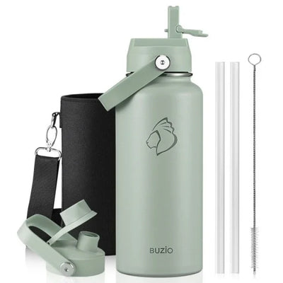 Buzio Duet Series Water Bottle with 2 Lids and Sleeve 1L - Green