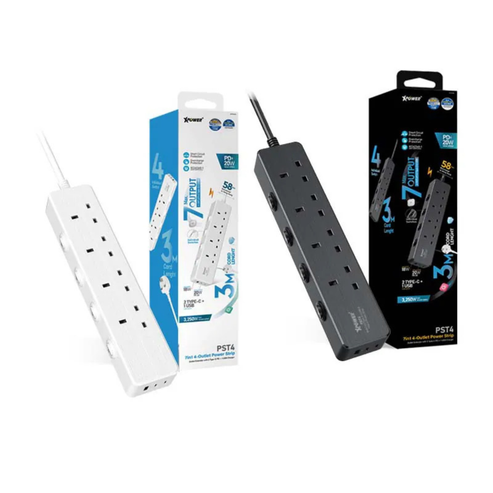 XPower PST4 7 Outout Surge Power Strip - 3 Meter / Black