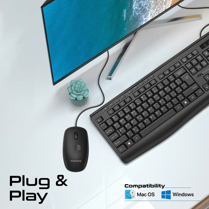 PROMATE ErgoComfort Wired Keyboard with Media Keys and 2400 DPI Mouse - Black