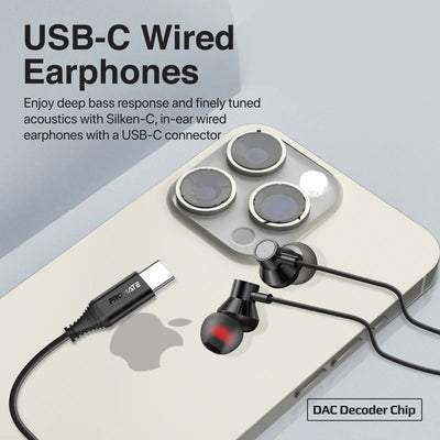 PROMATE Silken-C Ergonomic In-Ear USB-C Wired Stereo Earphones - Wired / USB-C / Black