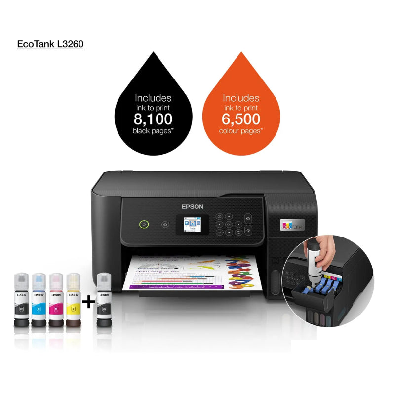 Epson EcoTank L3260 - 33ppm / 1200 DPI / USB / Wi-Fi - Inkjet Printer