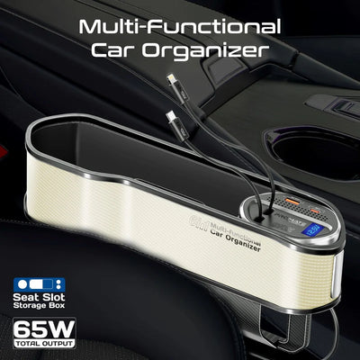 PROMATE Multi-Functional Car Organizer and Charging Station with Retractable Cables - 65W / USB-C & Lightning / Beige