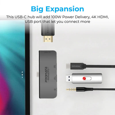 PROMATE 4-in-1 USB-C Multimedia Hub - USB-C / HDMI / USB 3.0