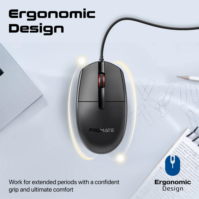 PROMATE Ergonomic Design Wired Optical Mouse - 1200 DPI