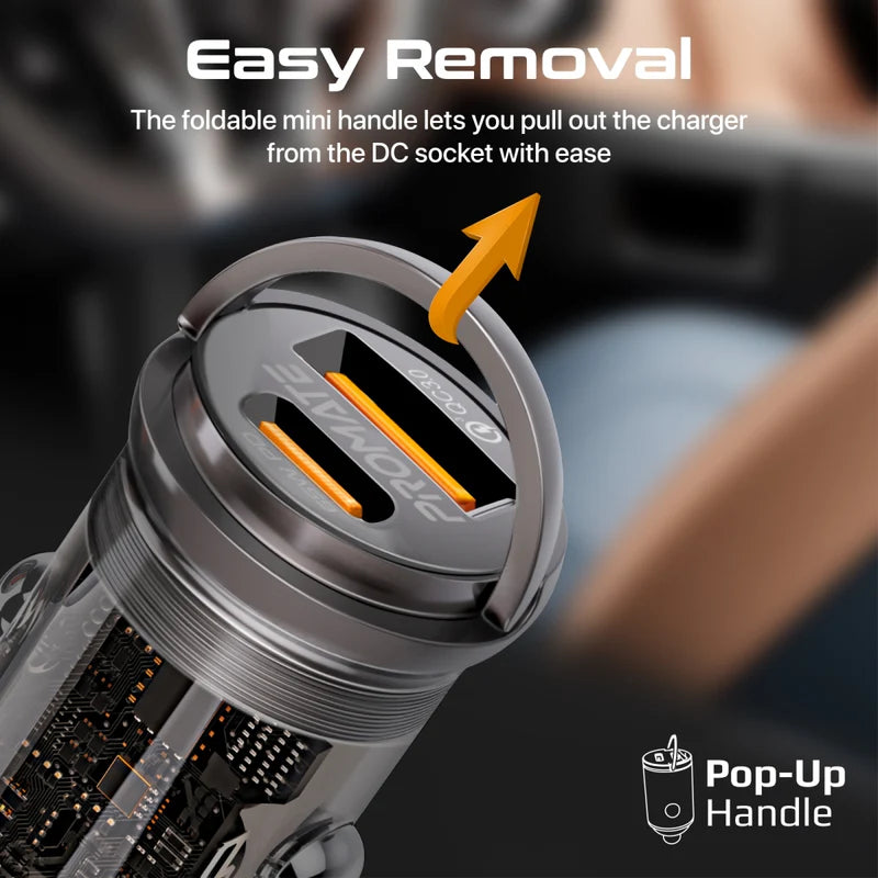 شاحن ميني شفاف من PROMATE RapidChargeمع طاقة توصيل QC 3.0 - 65 واط / يو اس بي/ يو اس بي
