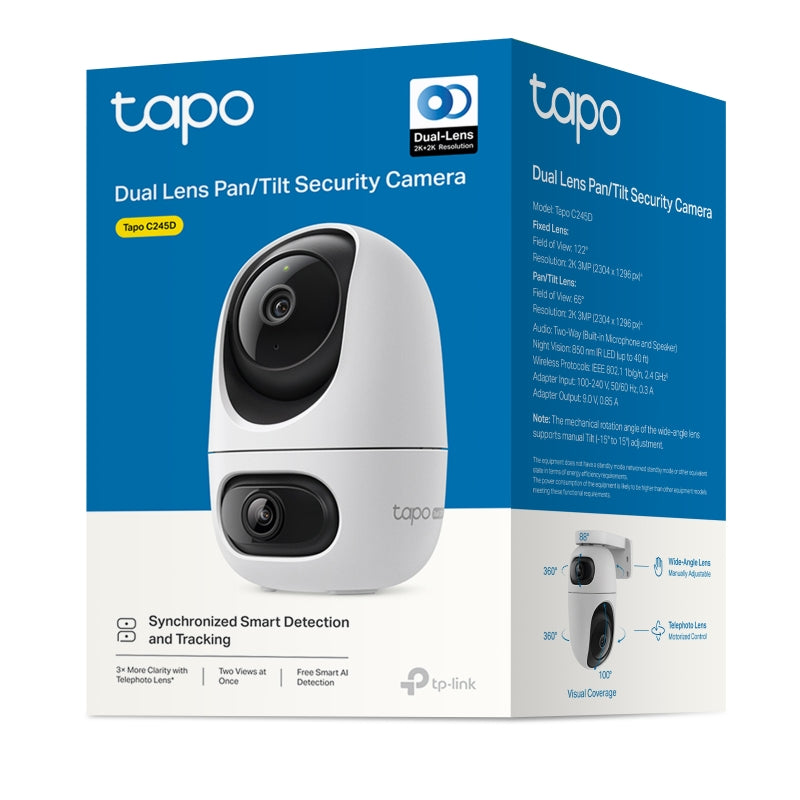 TP-Link Tapo C245D Dual Lens Pan/Tilt Security Camera - 2K 3MP Dual Lens / Up to 15 fps / Two-Way Audio / AI Detection / Night Vision