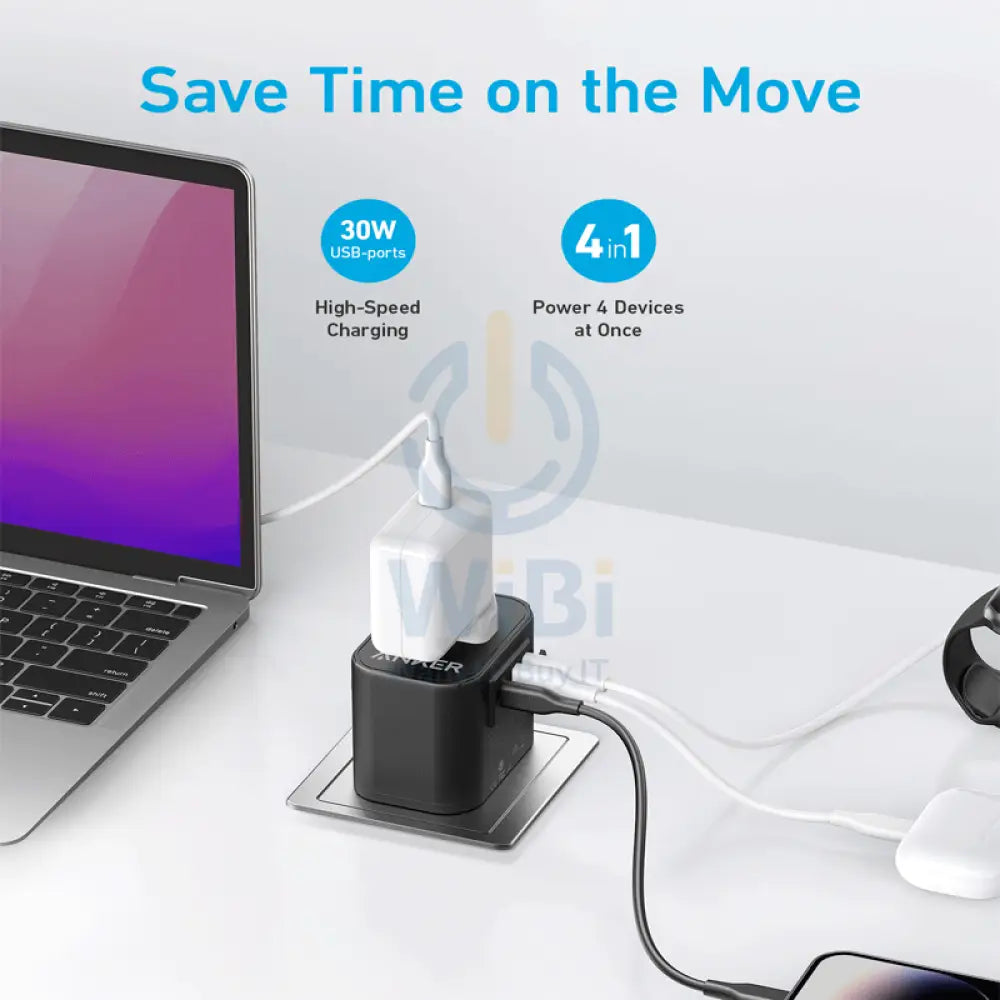 Anker 312 (4-in-1) Outlet Extender - 1x AC Outlet / 30W / 2x USB-A / 1x USB-C / Black Accessories > Power Adapters >