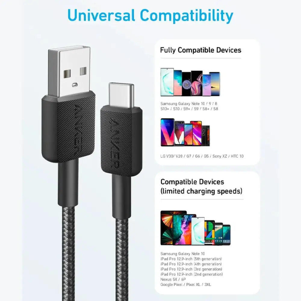 Anker 322 USB-A to USB-C Cable Braided (0.9m/3ft) -Black Accessories > Cables & Converters > Cables