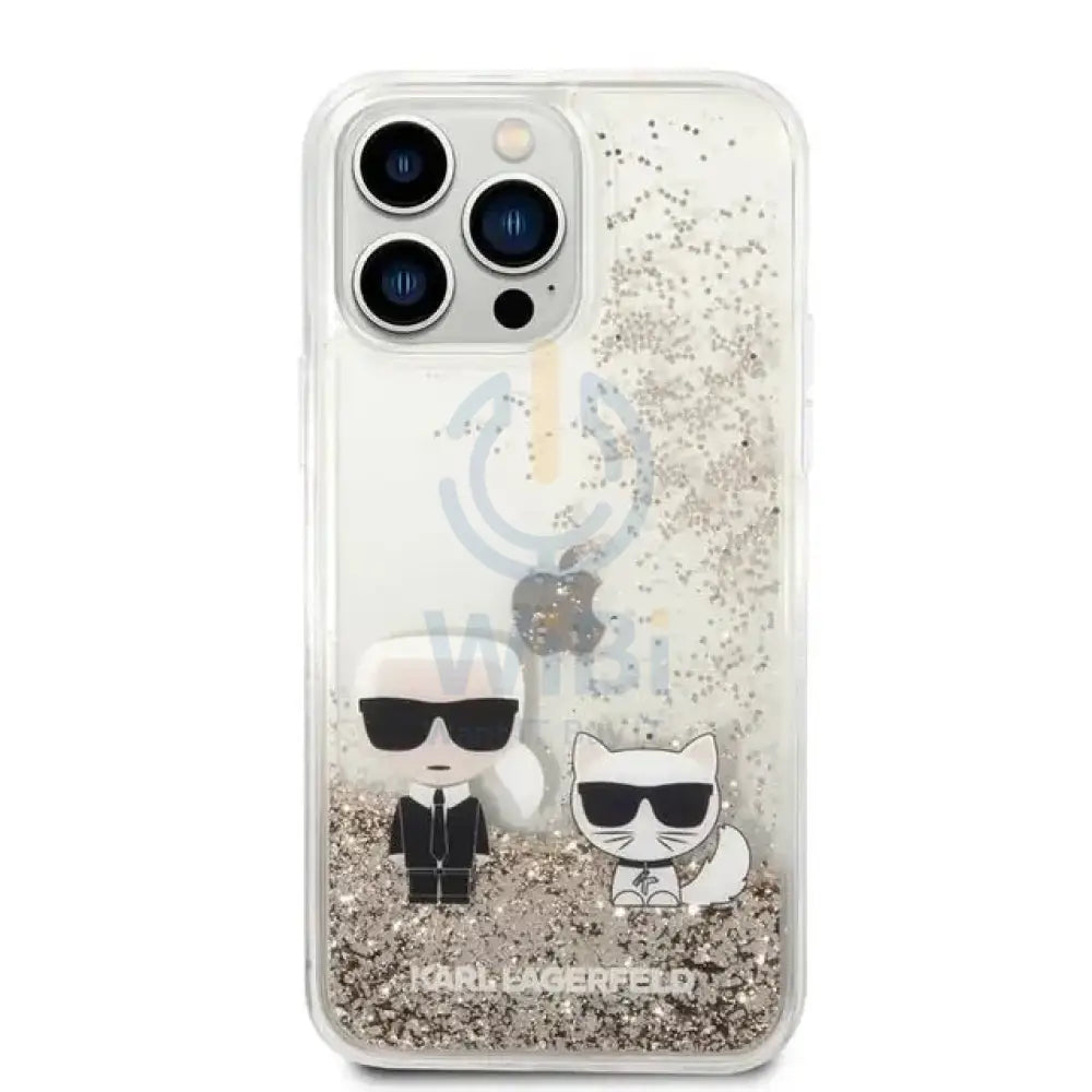 Apple iPhone 14 Pro Max - Gold Karl Lagerfeld Liquid Glitter Case and Karl and Choupette Head Accessories > Mobiles &