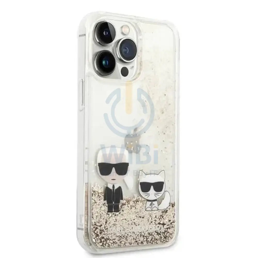 Apple iPhone 14 Pro Max - Gold Karl Lagerfeld Liquid Glitter Case and Karl and Choupette Head Accessories > Mobiles &