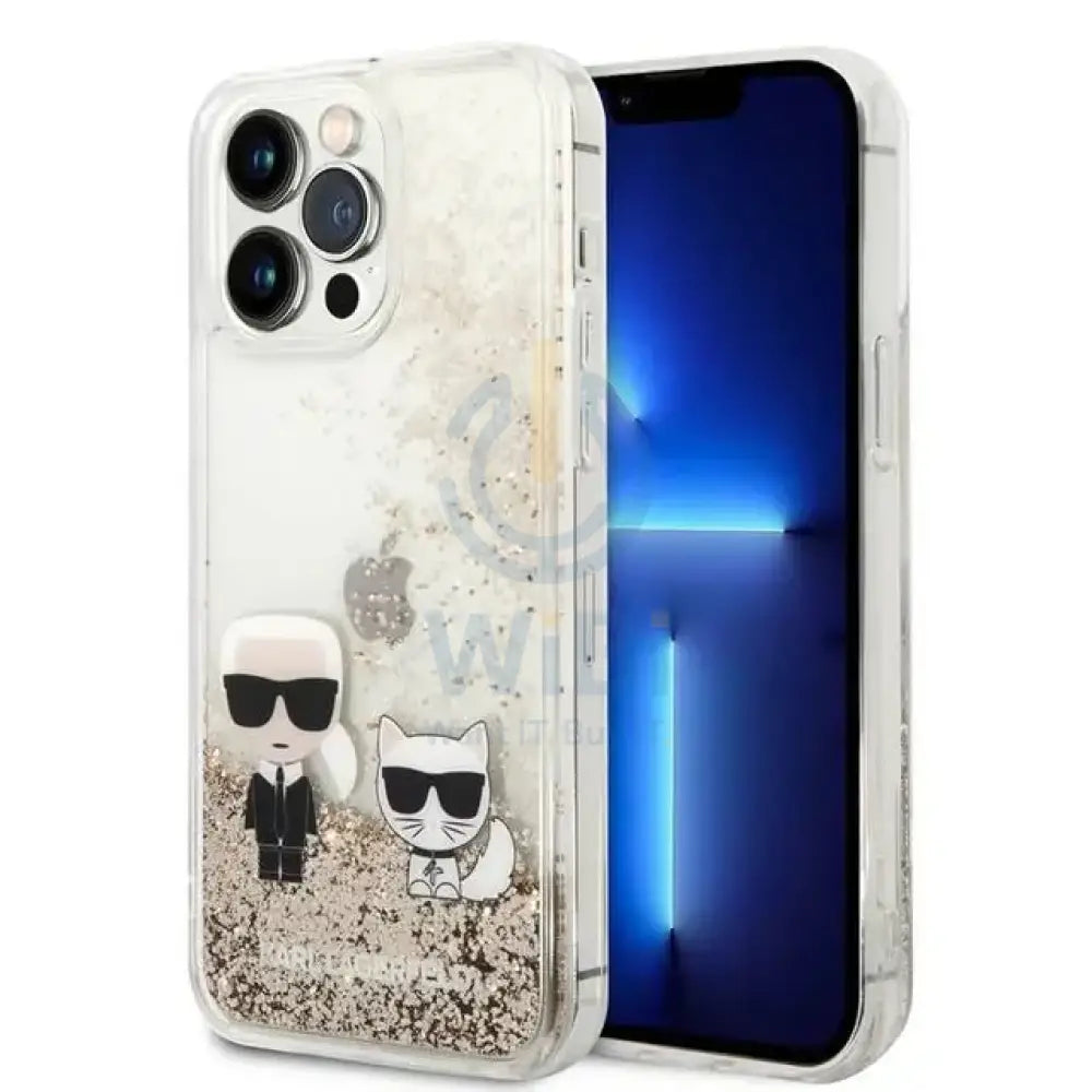 Apple iPhone 14 Pro Max - Gold Karl Lagerfeld Liquid Glitter Case and Karl and Choupette Head Accessories > Mobiles &