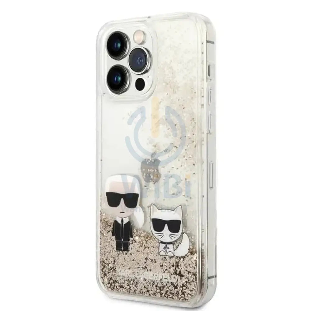 Apple iPhone 14 Pro Max - Gold Karl Lagerfeld Liquid Glitter Case and Karl and Choupette Head Accessories > Mobiles &