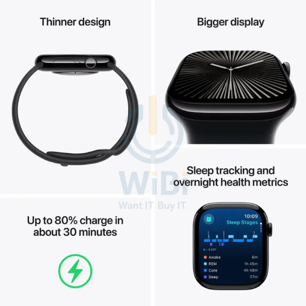 Apple Watch Series 10 with Sport Band - LTPO OLED / 64GB / 42mm / Small/Medium / Bluetooth / Wi-Fi / Jet Black Smart